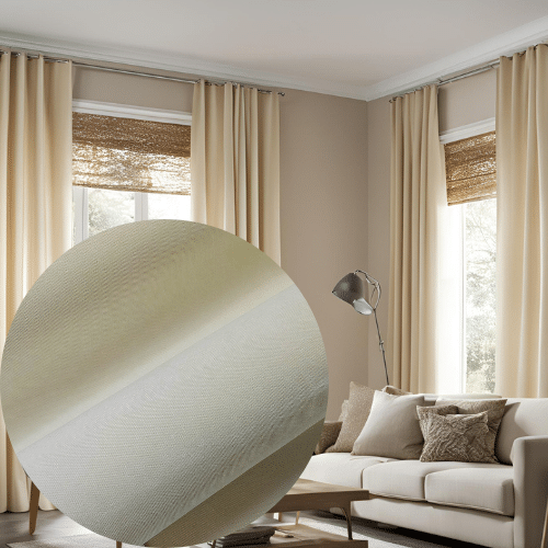 Jasne zasłony w nowoczesnym salonie z kanapą i lampą, zbliżenie na fakturę materiału.