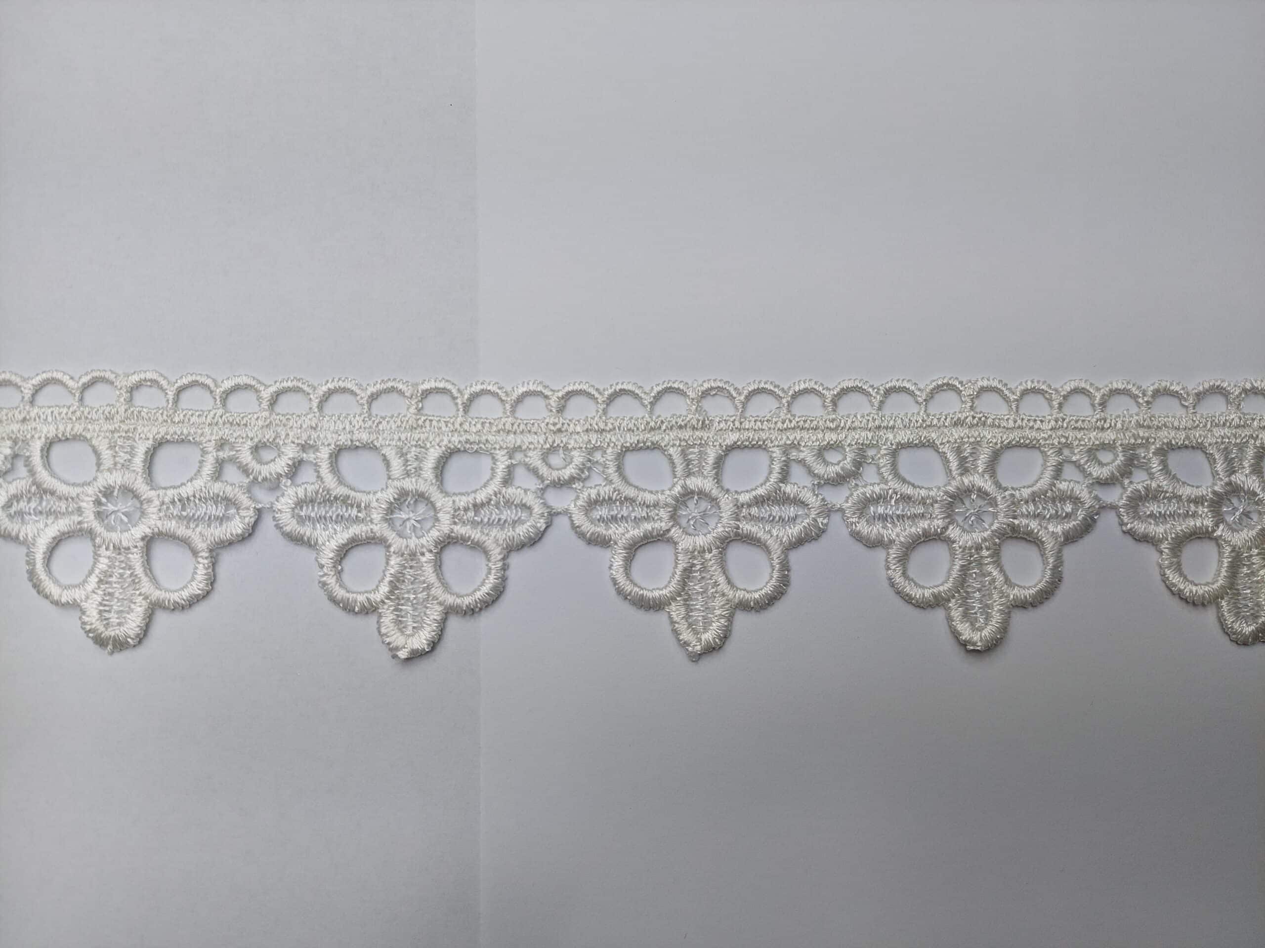 Biały koronkowy wzór na tle, delikatne zdobienia w kształcie kwiatów.