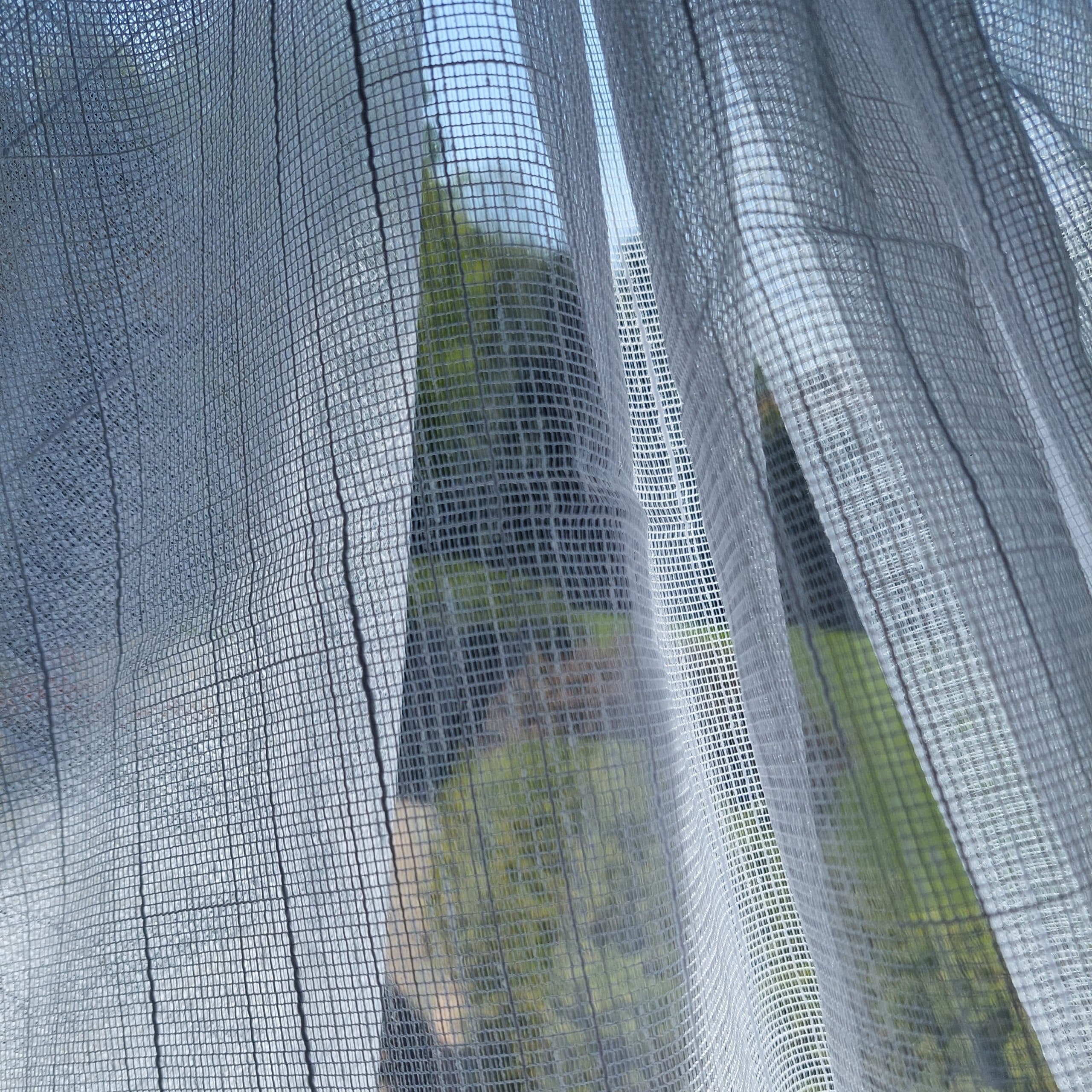 Przeświecająca zasłona w oknie z widokiem na ogród, delikatne światło słoneczne przechodzi przez tkaninę.