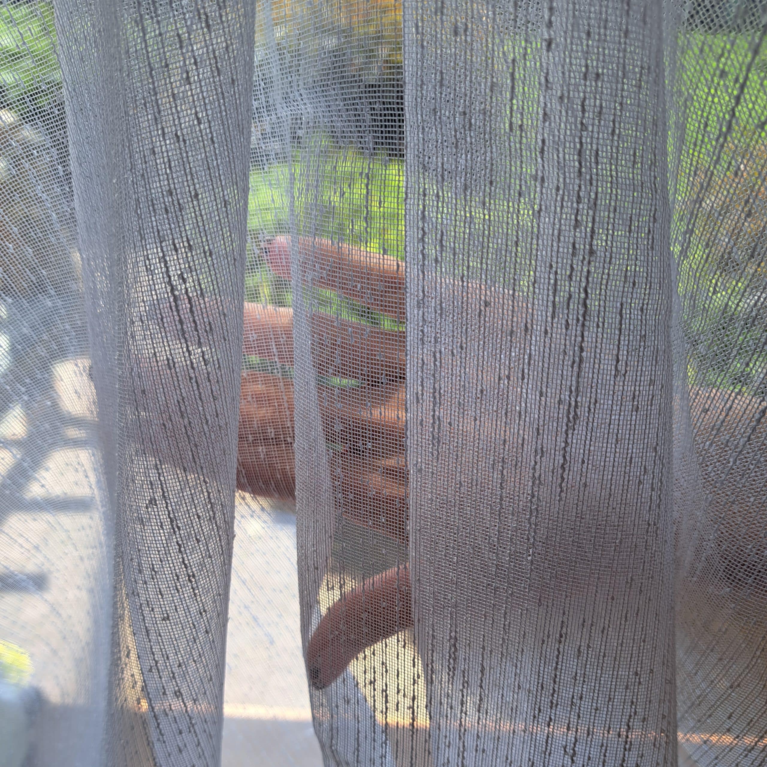 Ręka za zasłoną przy oknie, delikatne światło słoneczne przechodzi przez tkaninę.