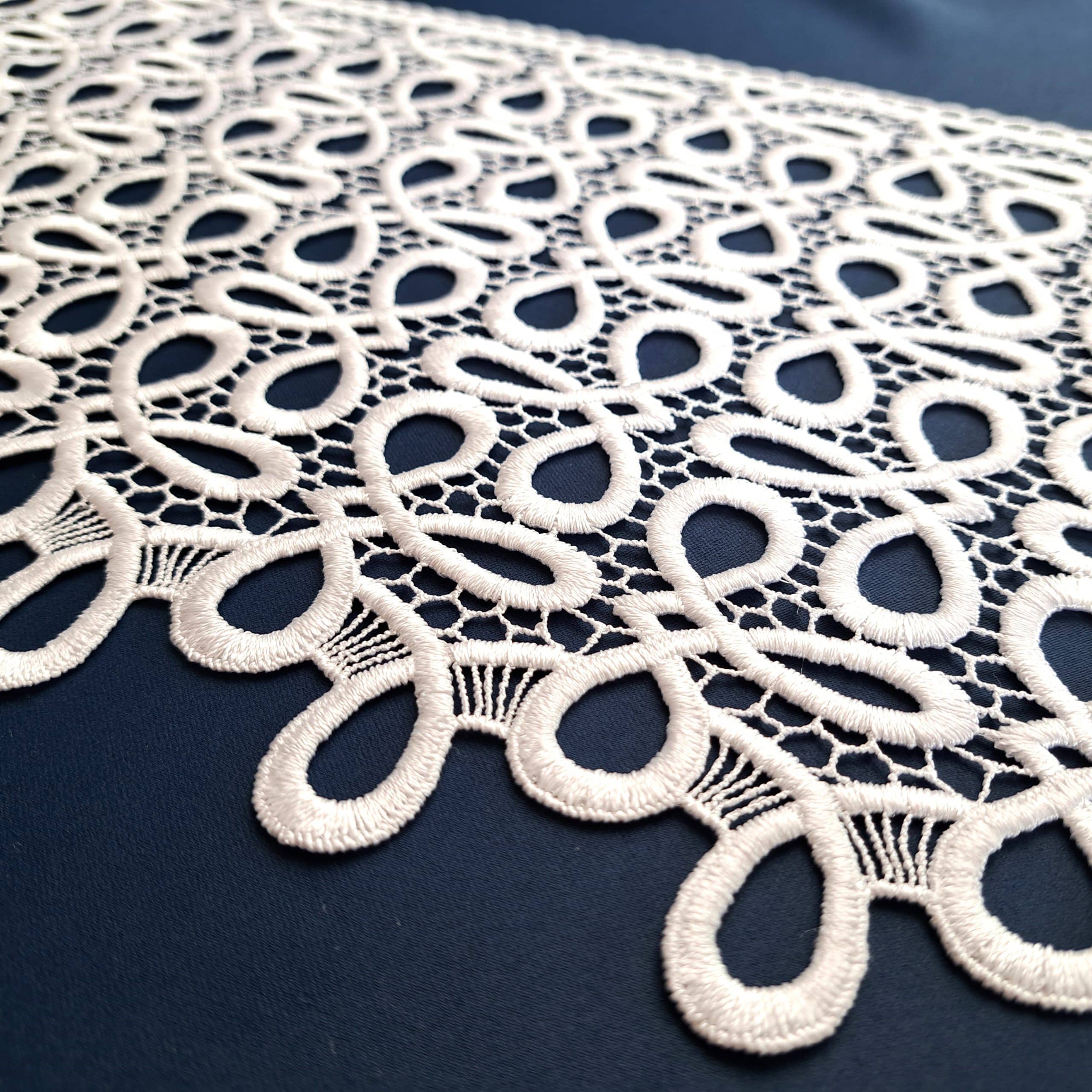 Koronkowy wzór na niebieskim tle, delikatny wzór z pętelkami dający elegancki efekt dekoracyjny.