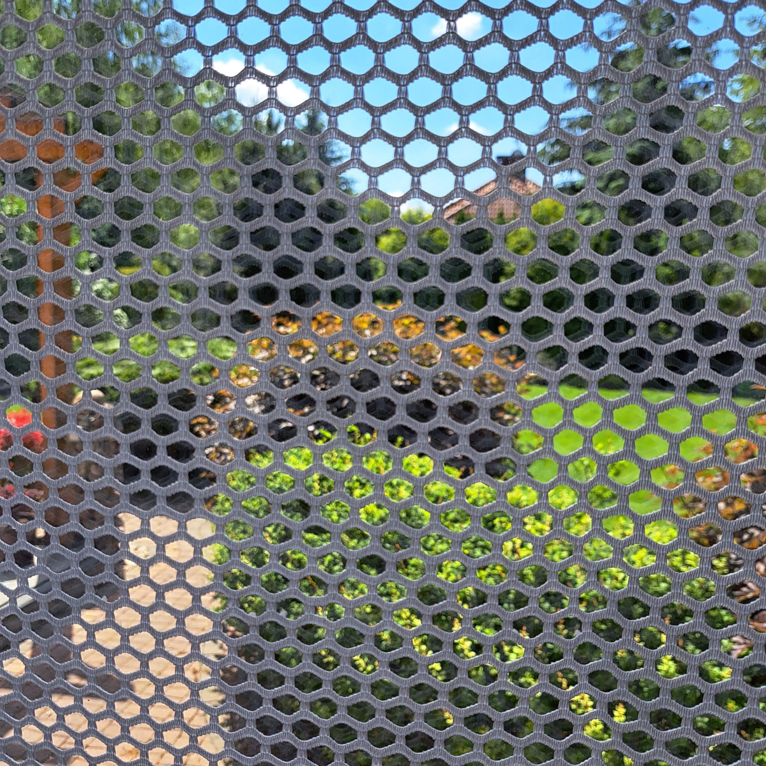 11607 bi 3 Widok ogrodu przez siatkę ochronną, zieleń i kwiaty rozmyte w tle pod jasnym niebem.