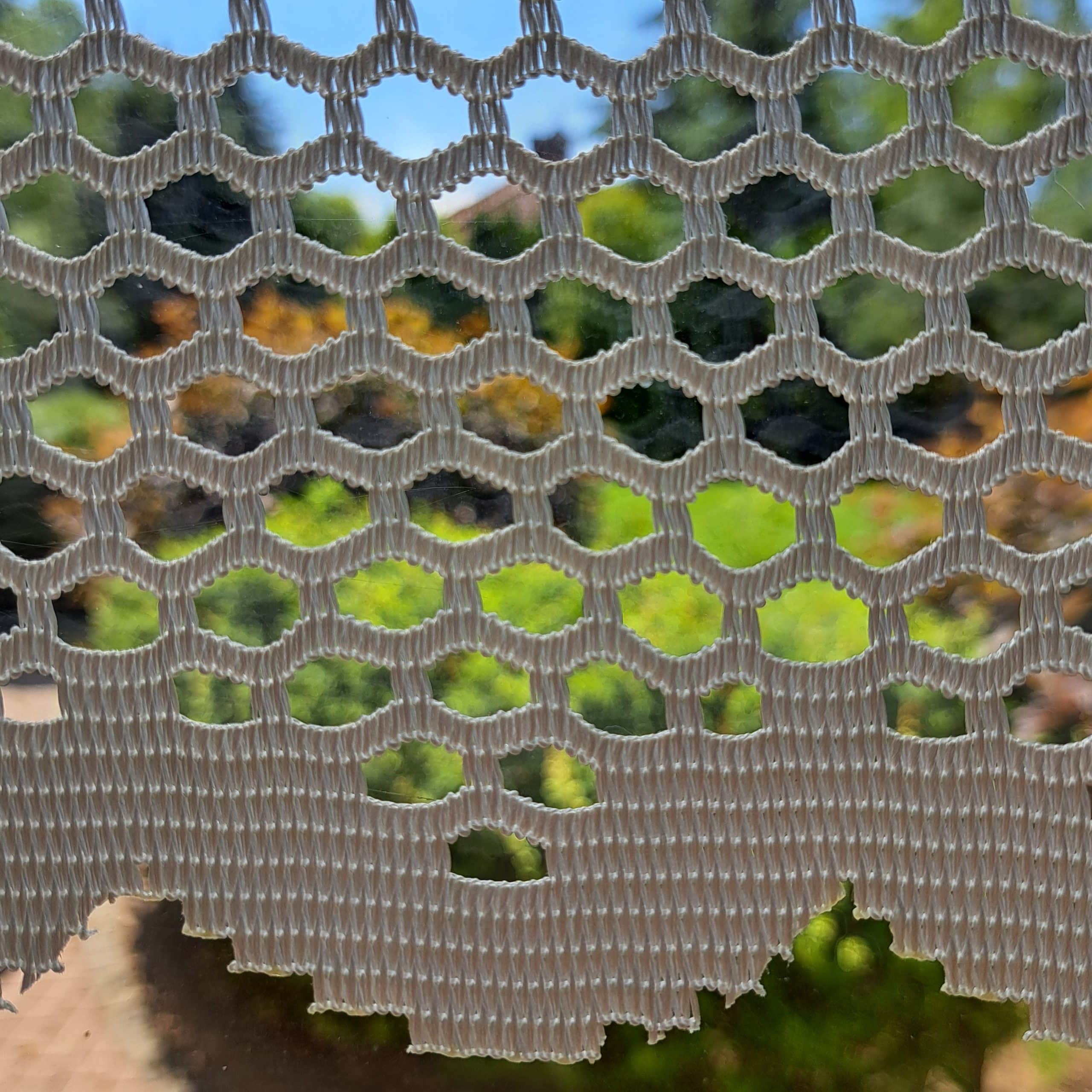 Siateczka w oknie z widokiem na zielony ogród i niebo w tle, tworząca ciekawy wzór świetlny i cienisty.